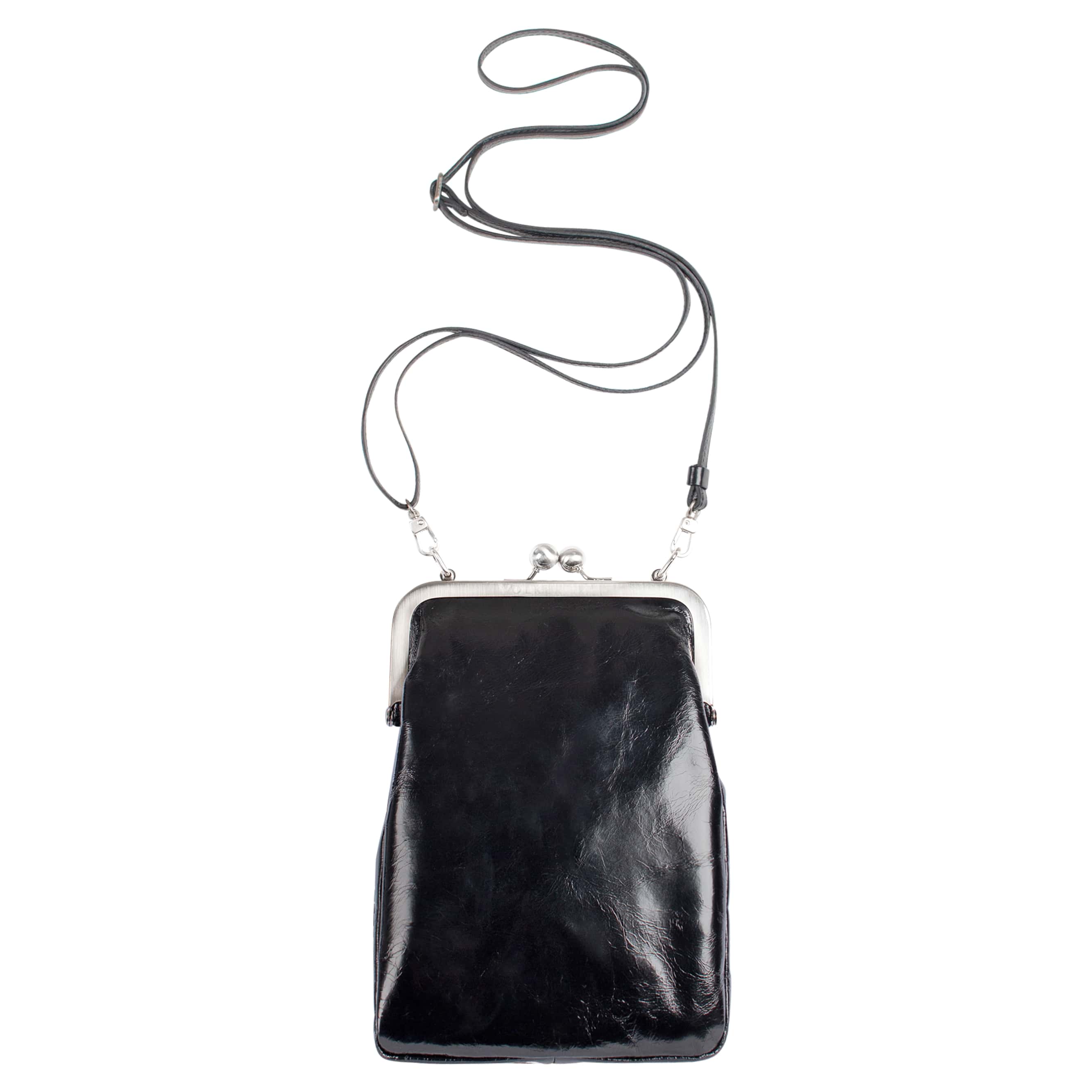 MILA | Ledertasche Schwarz Vintage – schmale Bügeltasche mit Platz für Handy