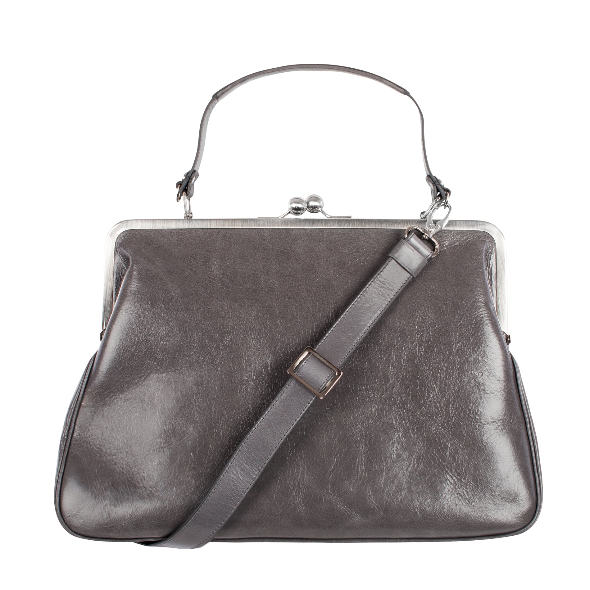 GRACE | Handtasche Grau (Granit) Leder Vintage – große Bügeltasche im Retrolook