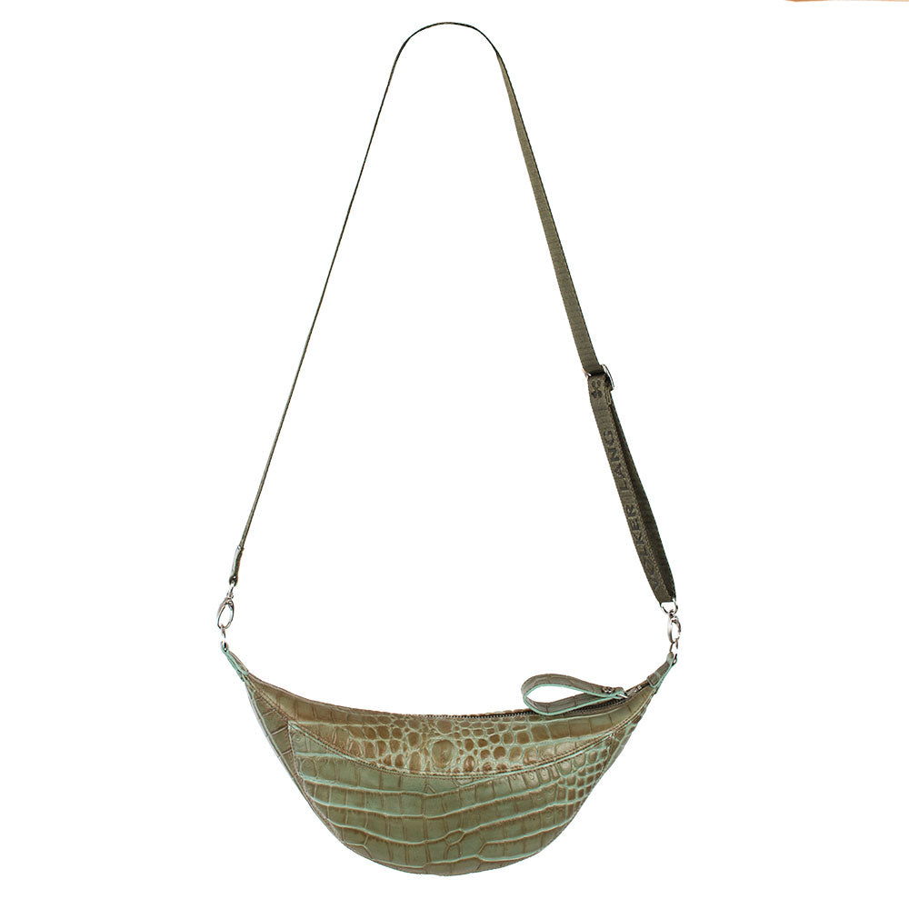 LUNETTA | Umhängetasche Grün (Greenlake) Kroko – kleine Moonbag mit Reißverschluss